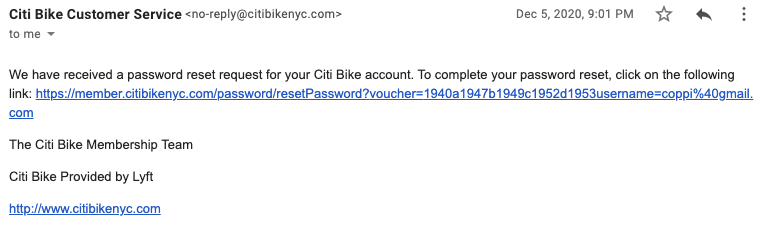 City bike reset password email