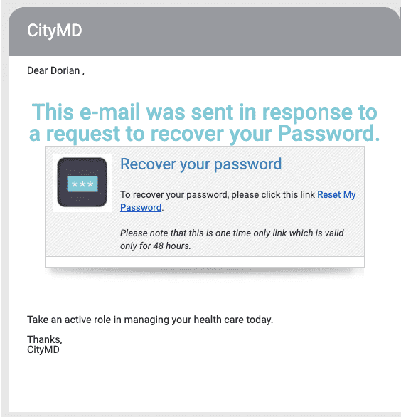CityMD reset password email