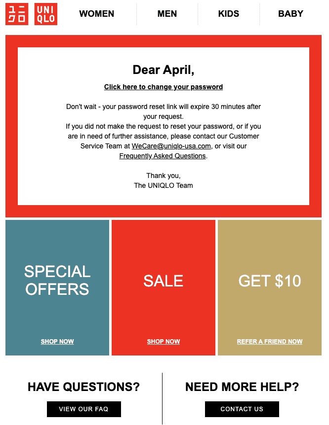 Uniqlo reset password email