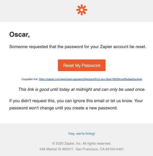 Zapier reset password email